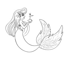 Princess mermaid coloring page.Black and white cartoon illustration