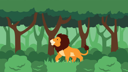 the lion walks among the jungle
