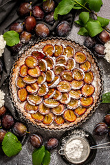 Homemade delicious plum tart with with sugar powder placed on the table