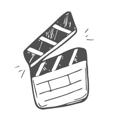 Movie clapperboard doodle icon. Film set clapper for cinema production. Board clap for video clip scene start. Lights, camera, action! Hand drawn sketch in vector