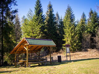 Picnic shelter. Mount Osli vrch, Lubovnianska vrchovina, Slovakia.