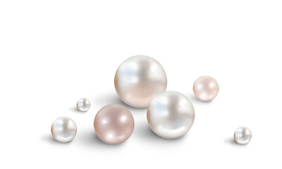 Nacreous pink and white pearls on white background