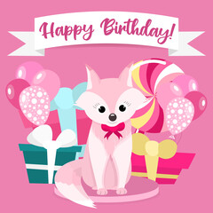 Happy Birthday card for girl. Flat illustration with cute little fox. Kids party. Kind children's illustration with balloons, candy and gifts in pink color. Card in square format.
