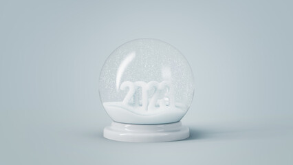 Glass snow ball with 2023 and falling snow inside. Happy New Year 3d render illustration background