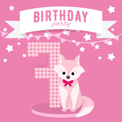 Birthday party invitation for the girl's seventh birthday with little fox, stars and flags. Children's 7 years party. Pink color pallete. Flat illustration. Square format. 