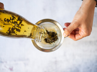 Watching from above as a green tea filters down