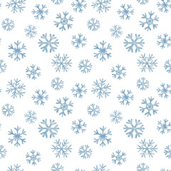 Christmas watercolor seamless pattern with snowflakes on white background.