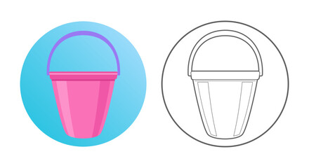 Bucket icon. Cleaning equipment, tools and chemistry. Colorful and outlined icon in circle. Vector illustration isolated on white.