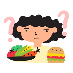 Girl choose between bowl of salad and fast food. Vector flat illustration.