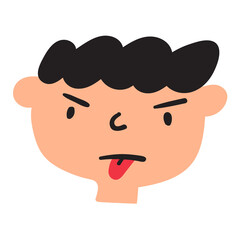 Angry boy showing tongue. Kid grimace. Flat vector illustration on white background.