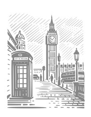 Fototapeta na wymiar London city with Big Ben. Hand drawn line sketch European old town.