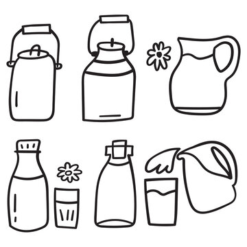 Set of outline icons. Milk. Hand drawn illustrations on white background.