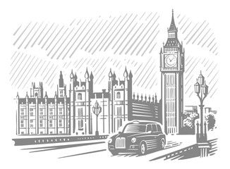 London city with Big Ben. Hand drawn line sketch European old town.