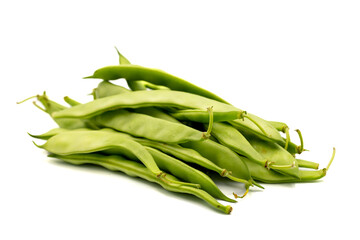 Ripe green beans. Fresh and raw green beans isolated on white background. Organic food. close up