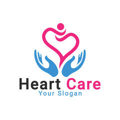 Heart care logo, Hands with heart logo, healthy life care logo template