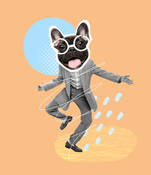 Contemporary art collage. Man, businessman in official suit with dog muzzle, pug head dancing isolated over orange background