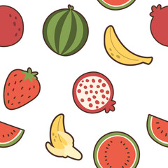 Vector seamless pattern with fruits. Abstract repeating background. Watermelon, banana, strawberry, pomegranate.