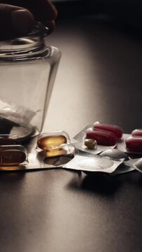 Man putting pills in a glass jar