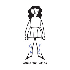 Sad woman has varicose veins. Vector outline illustration on white background.