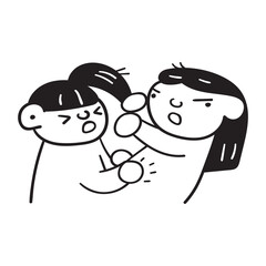 Obraz na płótnie Canvas Two little girls fighting. Bad behavior. Hand drawn outline vector illustration.