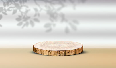 round wood slice podium for beauty product showcase with natural shadows, best for product mockup, presentation