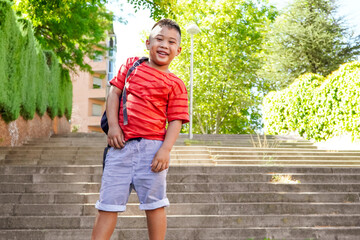 Fototapeta premium Filipino boy with backpack on the way to school.