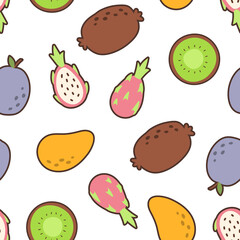 Vector seamless pattern with fruits. Abstract repeating background. Plum, mango, kiwi, pitaya.