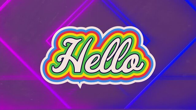 Animation of colorful digital hello text with square shapes moving in loop on violet background