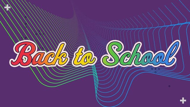Animation of colorful back to school text with wave patterns over violet background, copy space