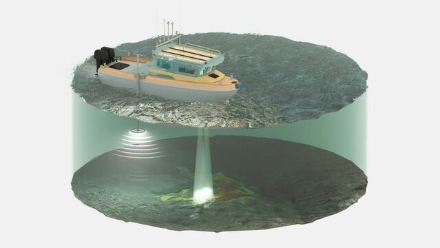 Scheme of a speedboat for measuring depth with a water section and bottom relief. Bathymetry. Isolated on white. 3d-rendering