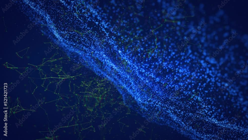 Wall mural animation of 3d neon blue abstract particles moving, connecting dots on computer graphic background