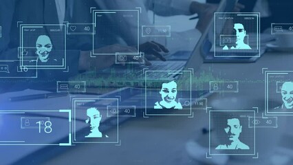 Animation of multiracial user profiles scanning on digital interface, colleagues working on laptops - Powered by Adobe