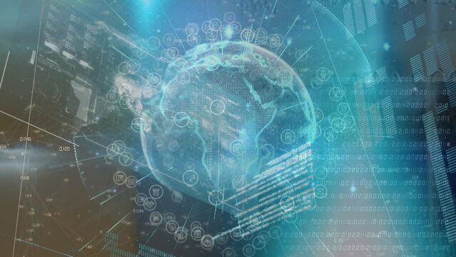 Animation of financial data processing against globe on computer graphic interface