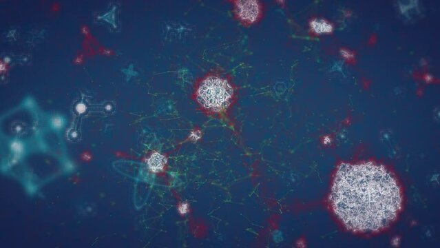 Animation of molecule structures moving on computer graphic background