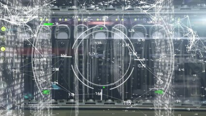 Animation of digital infographic interface with moving circles, dots interconnecting with lines - Powered by Adobe