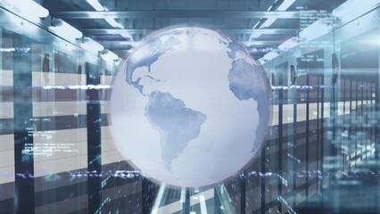 Animation of moving lines with digital rotating globe and data over server room - Powered by Adobe