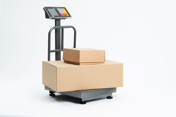Industrial scale for weighing parcels for shipping with adhesive tape for packaging. Industrial...