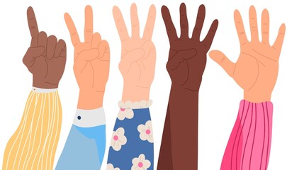 Hands counting by showing fingers. Numbers shown by hands. Variety of modern hand-drawn hand wrists. Cartoon style isolated elements. Trendy hand icons. Counting on fingers.