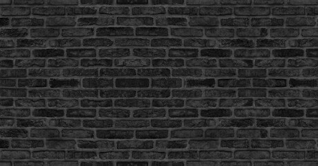 Fototapeta na wymiar Old rough black brick wall distressed texture. Dark grey brickwork backdrop. Gloomy grunge textured background