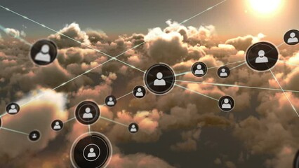 Animation of network of people icons exchanging data over cloudy sunset sky - Powered by Adobe