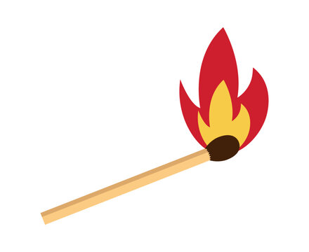 Fire match stick. Matchstick icon illustration with flame. Lit fire match with light spark isolated. Vector. Burn, ignited matchstick