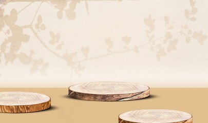 minimal round wooden podium for beauty cosmetic product display over neutral beige background