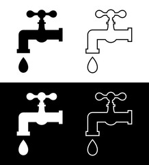 Icons of water faucets and taps with water drop, drip. Symbol, illustration of faucet leak, leaky tap isolated for kitchen sink and pipe. Vector