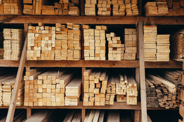 Products from boards in the store. Timber store. Lumber shop.