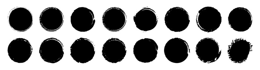 Grunge brush circles of paint. Stroke black round ink texture, stamp. Abstract frame border design. Shape line background. Vector. Set of watercolor paintbrush dirty splashes.Hand grungy brushstrokes