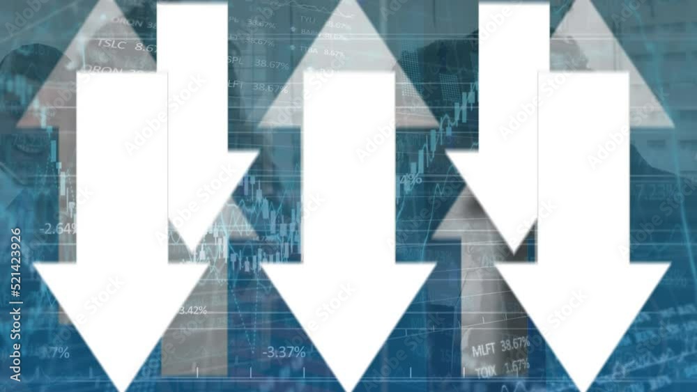 Sticker Animation of white arrows with statistics and data processing over business people