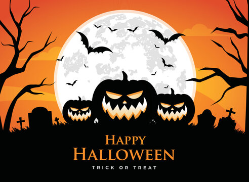 Orange halloween banner with pumpkin and bats. Halloween trick or treat card with bats and scary pumpkins. Vector stock