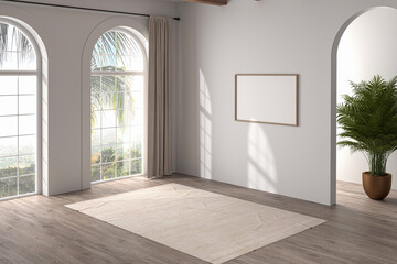 Obraz premium 3D render Modern interiors empty room .plant vase. floor parquet. photo frame