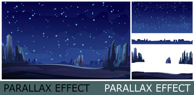 Rocks cliffs landscape. unexplored planets. Image from layers for overlay with parallax effect. Starry sky. Night scenery in mountains. Cartoon flat style. Dark twilight and dusk. Vector.