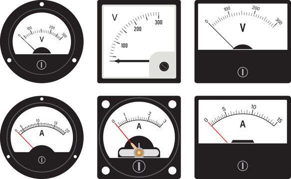 Set of voltmeter and ammeter icons. Measuring instrument. Vector illustration